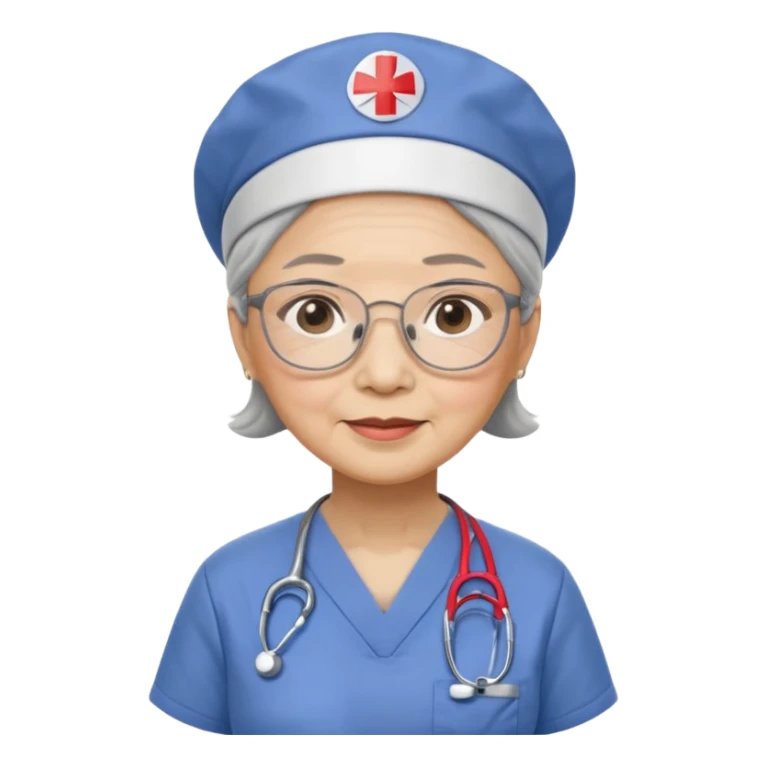 OLD ASIAN WOMAN WITH GLASSES, NURSE SCRUBS, CAP sticker