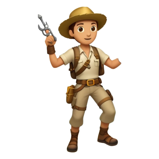 An icon featuring an adventurer in a dynamic action pose, with treasure maps, ancient ruins, and jungle landscapes in the background. The design includes clues, hidden passages, and climbing gear, symbolizing the thrill of exploration and discovery. Transparent background. sticker