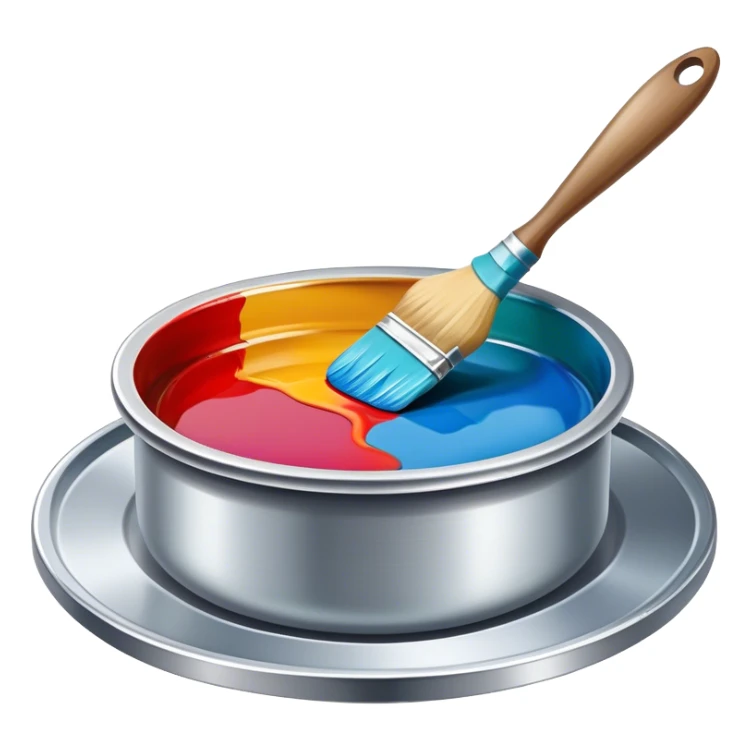 Enamel on metal icon, metal surface with vibrant enamel paint being applied, visible fine paintbrush, enamel pots, metal object like a plate or decorative piece, no finished artwork, just the process of applying enamel, shiny metallic finish with colorful enamel, minimalistic style, clean lines, transparent background. sticker