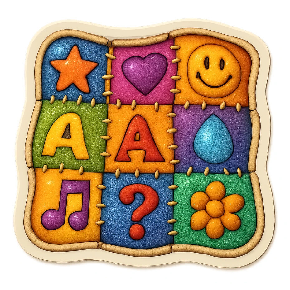 A chaotic patchwork quilt emoji with mismatched symbols and icons, evoking a deliberately absurd and brain-melting feel, grotesque and nonsensical sticker
