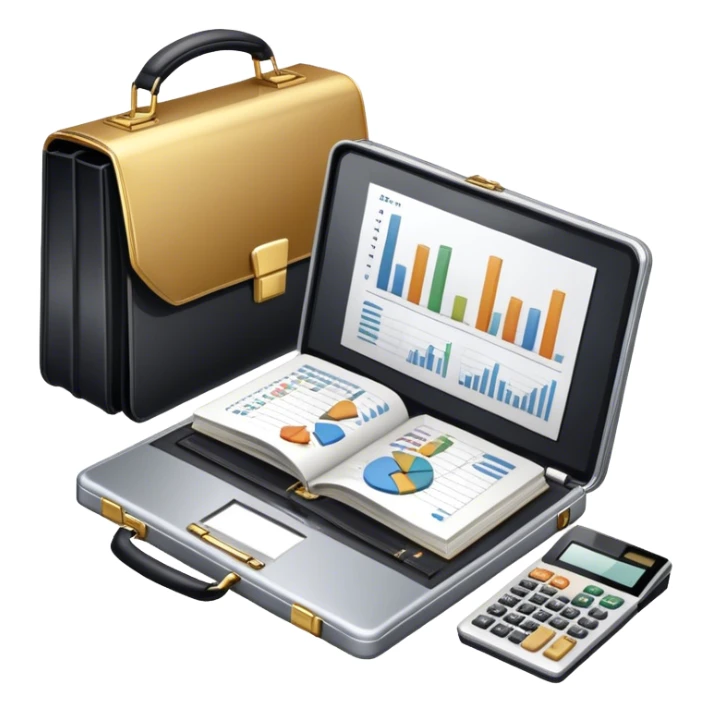 Icon for Business Reading: an open book with a graph and financial charts, a briefcase, a calculator, and a laptop nearby. The icon should represent the world of business, finance, and professional growth. Transparent background. sticker