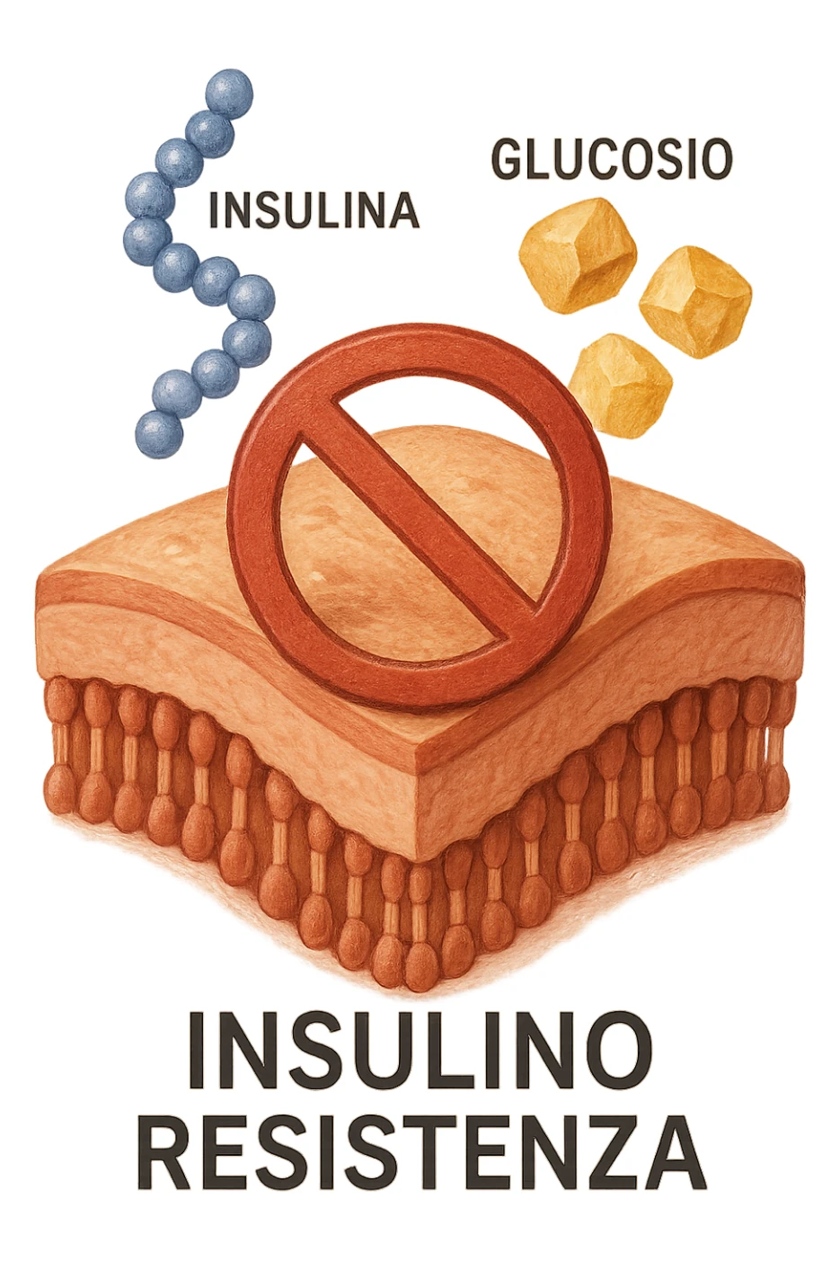Create a realistic and symbolic icon representing insulin resistance with no background and a 2:3 aspect ratio. Include the Italian text 'Insulino Resistenza' in a clean and clear style. The symbol should depict insulin, glucose, and a cell showing resistance to entry, with a realistic and clear style. sticker