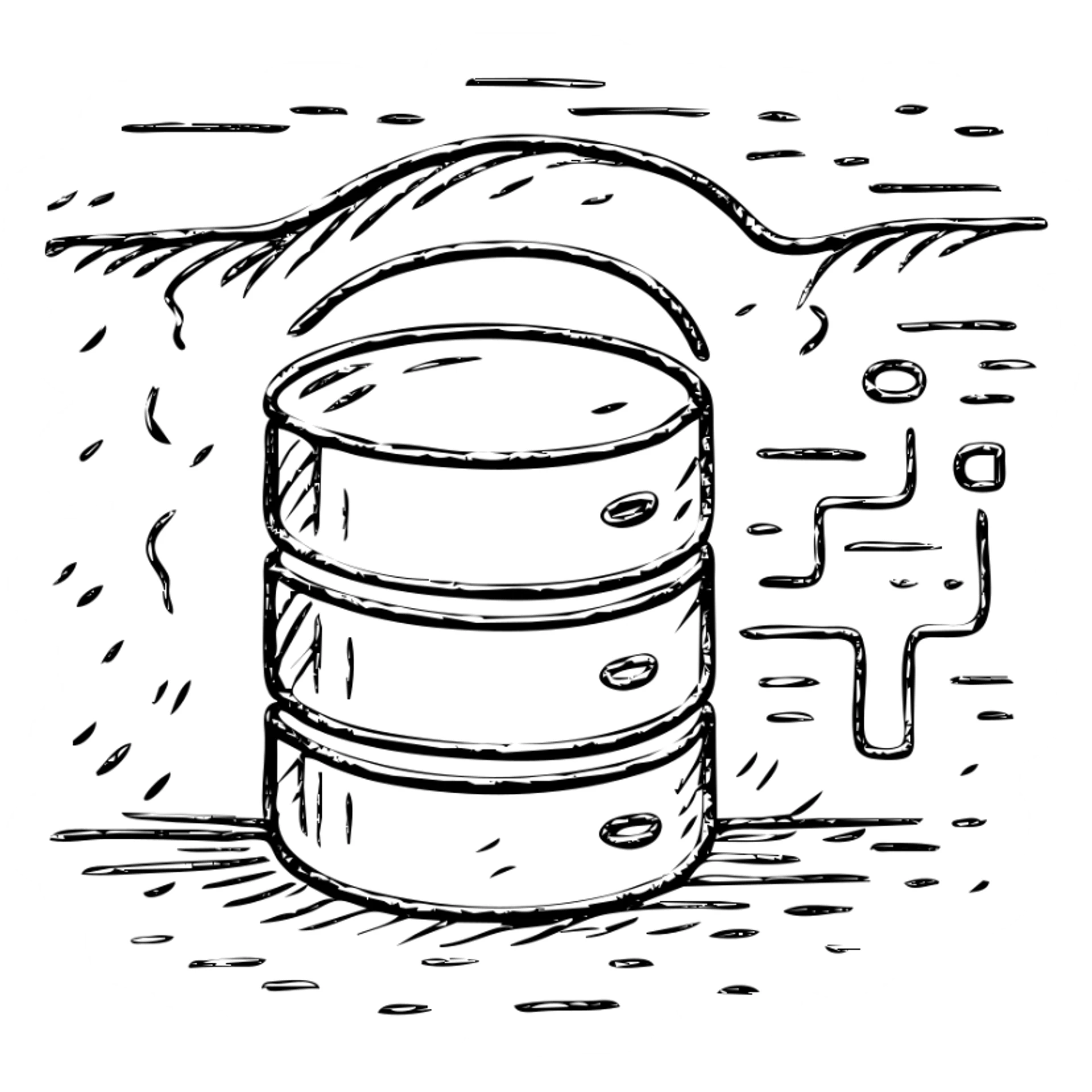 hand drawn outlined icon of stacked database cylinders in a basement or underground setting with abstract data streams, worn and distressed effect, detailed icon sticker