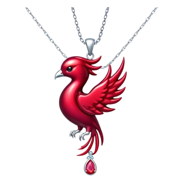 phoenix-inspired ruby pendant with cosmic aura, deep red glow, silver chain undulating like water sticker