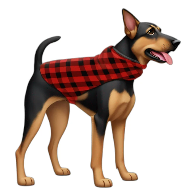75% Coonhound 25% German Shepherd mix dog wearing small pointed red buffalo plaid bandana pointing down side view full body facing left sticker