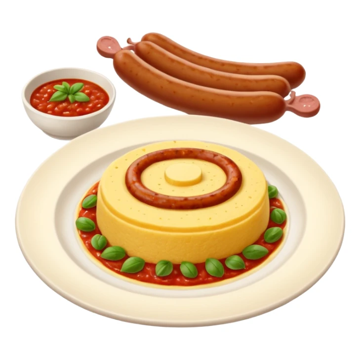 Fammi l’emoji di una polenta con tanto sugo SOPRA e una salsiccia intera sopra (non tagliata) sempre con il sugo   sticker