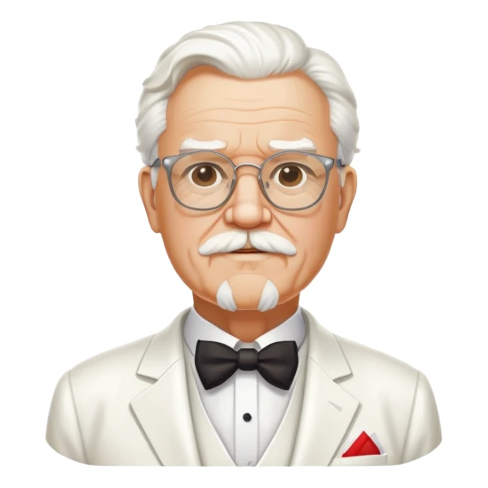 Colonel Sanders, old white man with square glasses, white goatee beard, white suit, KFC founder sticker
