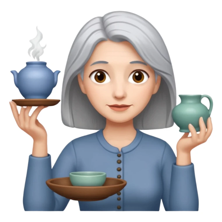 Woman with grey hair with ceramics sticker