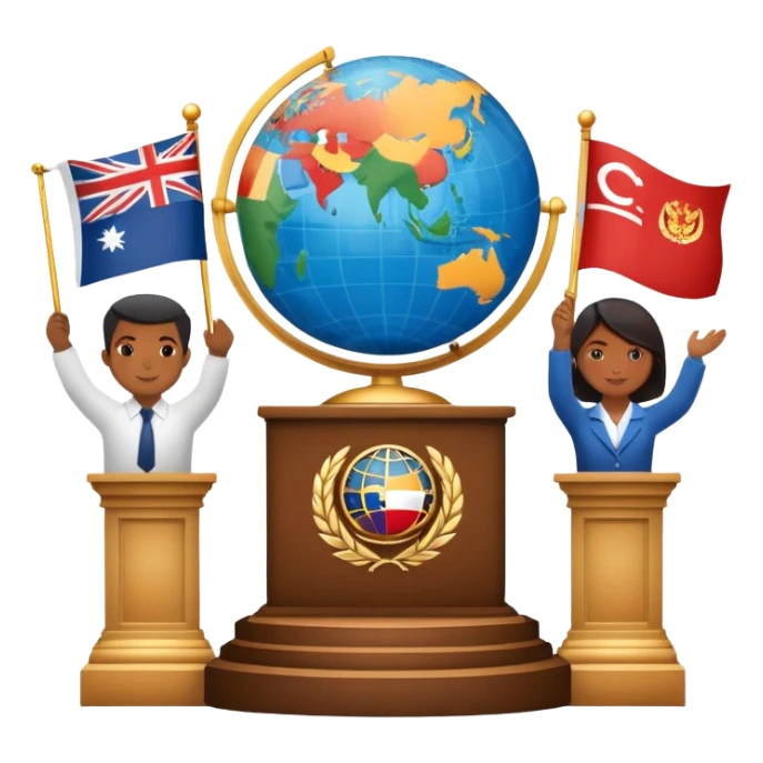 icon featuring podium with a speaker, national flags, and voting ballots, symbolizing political science. The design includes a globe and scales of justice in the background, representing governance, global affairs, and political theory. Transparent background emphasizes civic engagement and policy. sticker