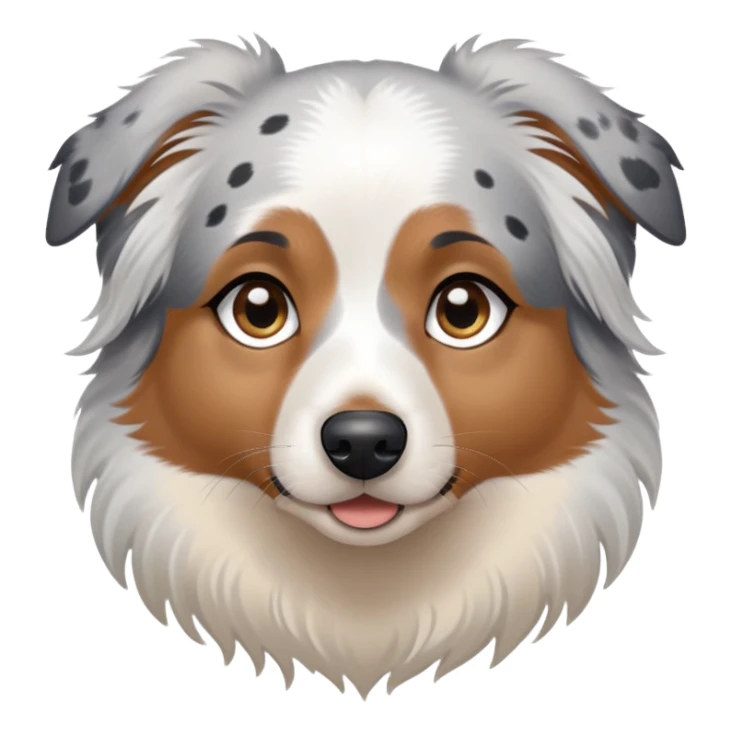 A mini Australian shepherd with white hair and black spots over her eyes. One eye is light blue, and the other is brown sticker