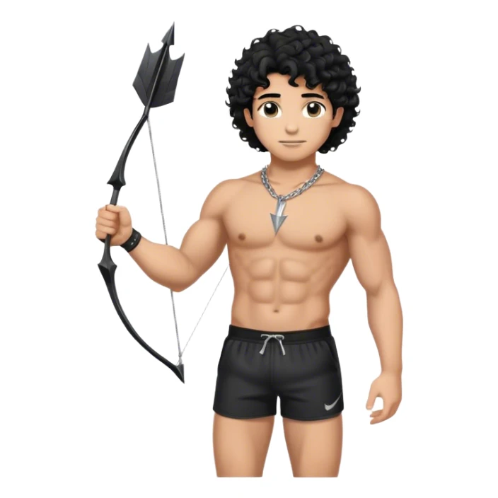 Tan guy with abs and medium-length black curly hair, with a silver chain with an arrow on his neck, standing in black sporty shorts and showing his bicep   sticker