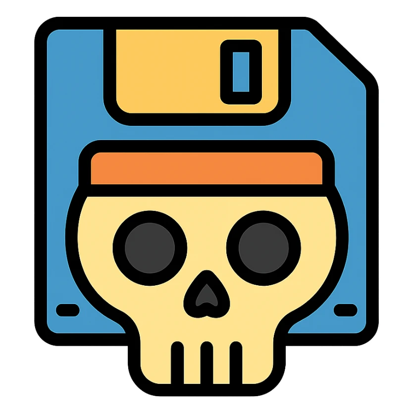 floppy disc shaped like a skull, color outline icon sticker