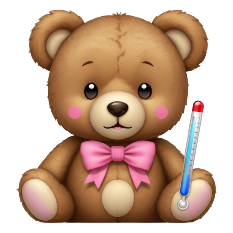 Teddy bear with thermometer in mouth with a pink bow sticker