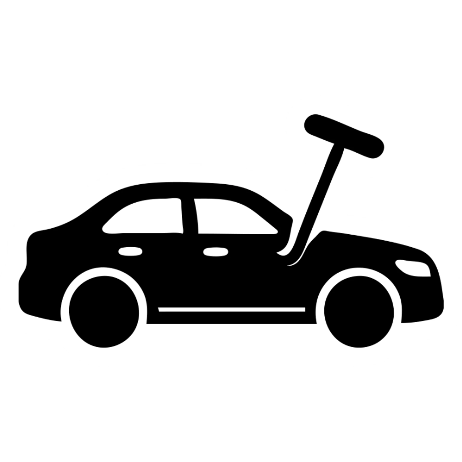 solid icon of a luxury black car with a small rod tool at a dent, matte black, fine silver line accents, minimalistic sticker