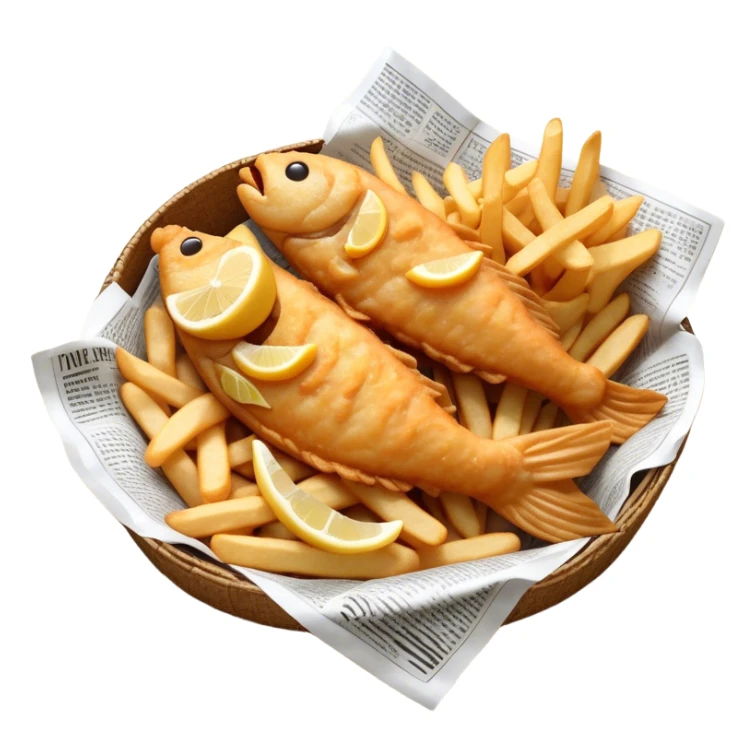 Cinematic Realistic Fish and Chips Dish Emoji, depicted with crispy golden battered fish and chunky hand‚Äêcut chips served in traditional newspaper wrapping, rendered with mouth‚Äêwatering texture and warm natural lighting that captures its quintessential British charm. sticker