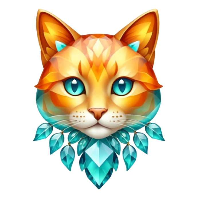 A feline creature with a crystalline body featuring autumn-colored gemstone segments, adorned with translucent leaf-like patterns that shimmer between turquoise and fiery amber when it moves through sunlight. sticker