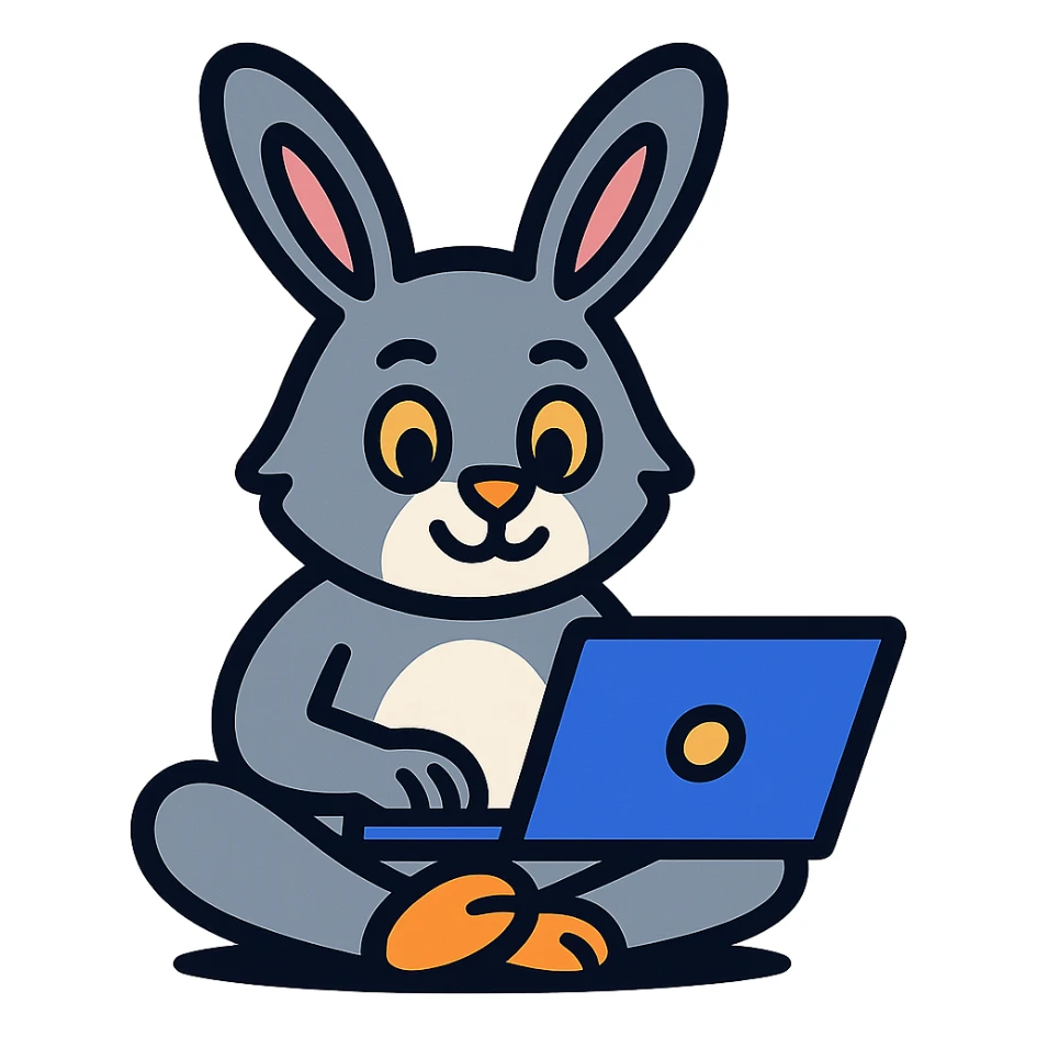 gray bunny sitting cross-legged with laptop in vibrant-toon style sticker