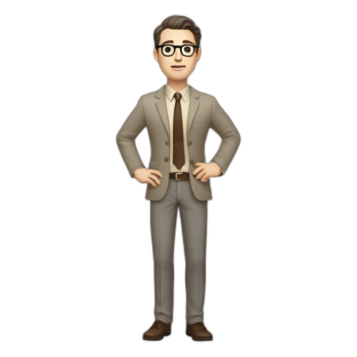 Full height Gesticulating Pale skinned fit man with dark brown hair in gray jacket, beige office shirt, brown tie, brown pants and vintage glasses. sticker