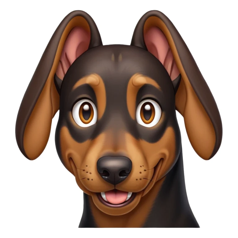 cinematic-comical-doberman-portrait-emoji,-head-tilted-dramatically-with-an-exaggeratedly-amused-expression,-featuring-a-vibrant-black and tan-fur-with-a-lively-sheen,-wide,-expressive-brown-eyes-filled-with-playful-disbelief, ears drooping down sticker