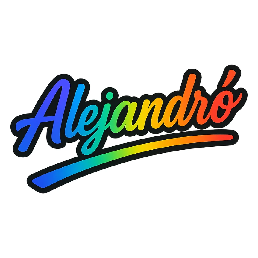 The name 'Alejandró' in a modern font with smooth gradient coloring, precise Hungarian characters, dark outline, extra thick and prominent white letter border, dynamic slanted underline, rainbow gradient color scheme, 1000x1000 px, PNG, transparent background. sticker