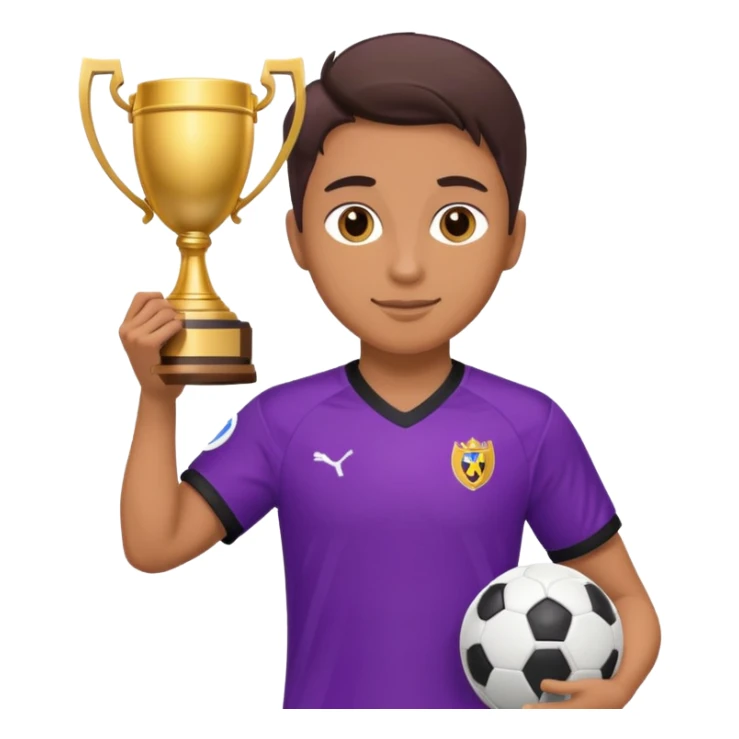 Soccer player in purple kit with a trophy sticker