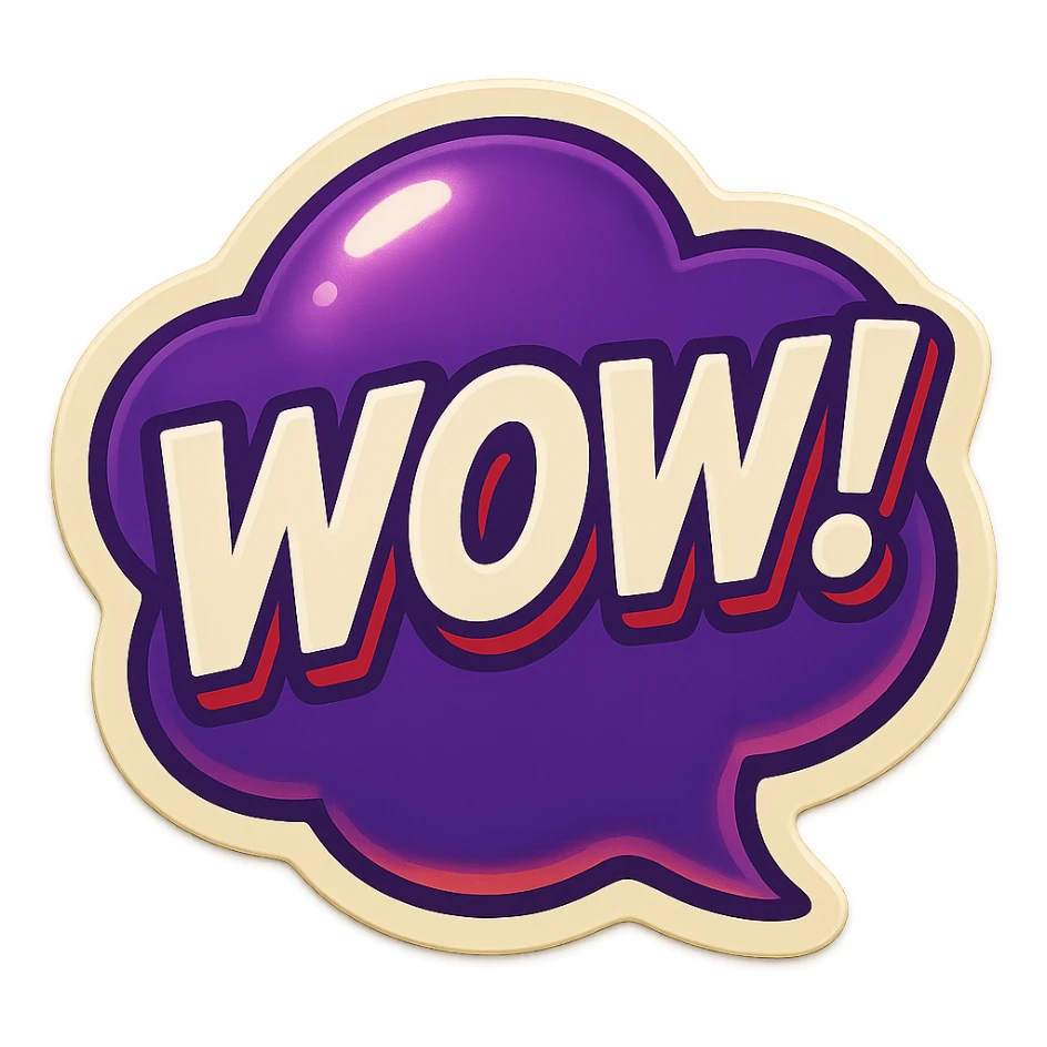 Purple bubble with white text saying "WOW!" sticker