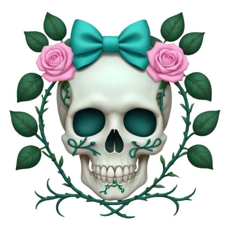 Skull with Pink bow with vines and teal roses sticker