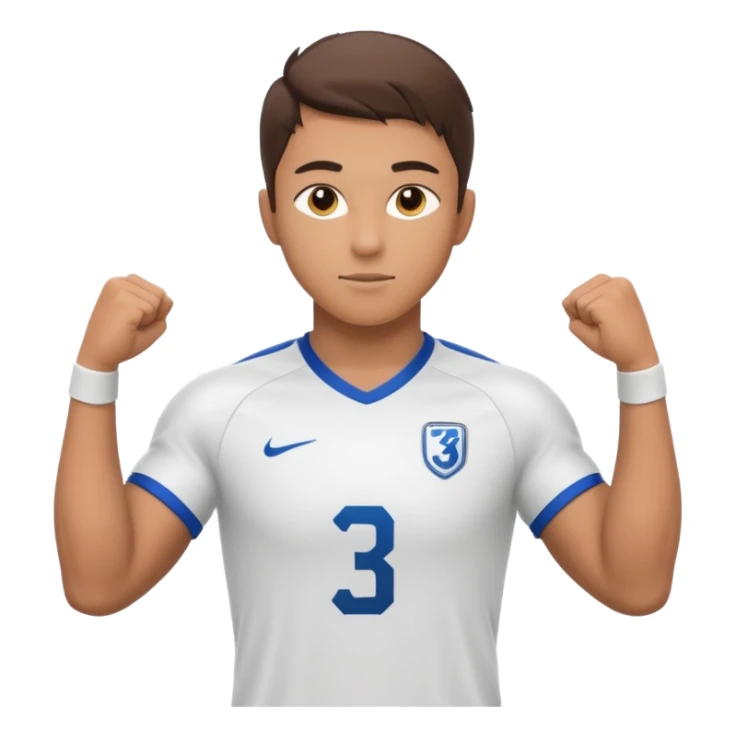 Apple emoji style 23 year old soccer player standing confident pose, white jersey #3, ultra detailed 3D sticker