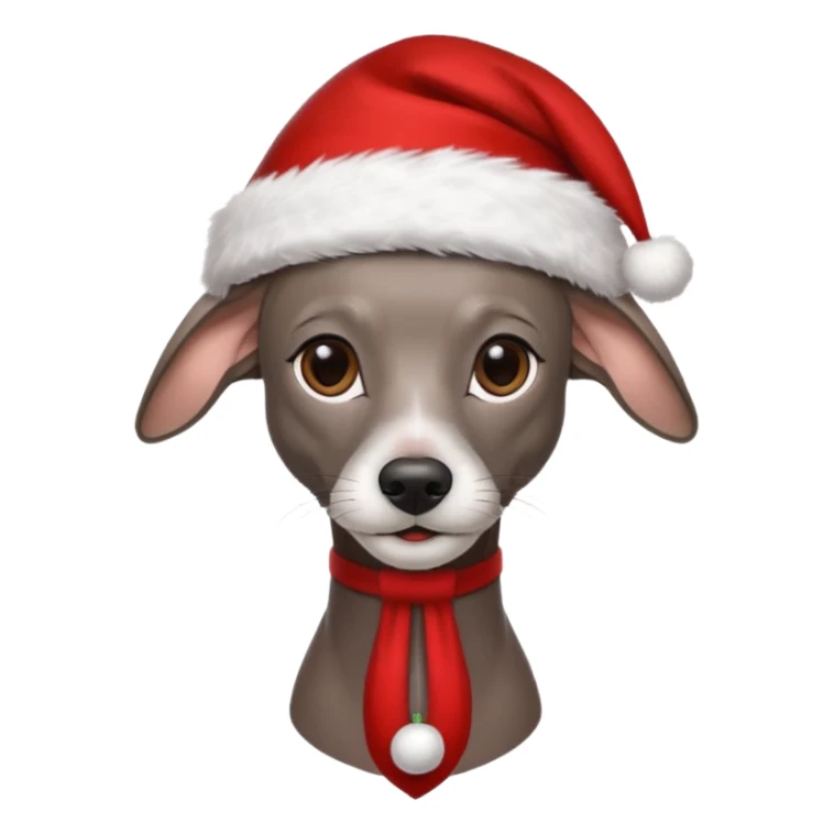Black Italian greyhound wearing a Santa hat and beard sticker