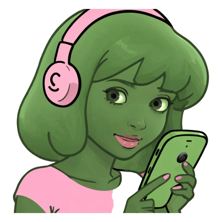 girl scrolling on pink SPAM phone sticker