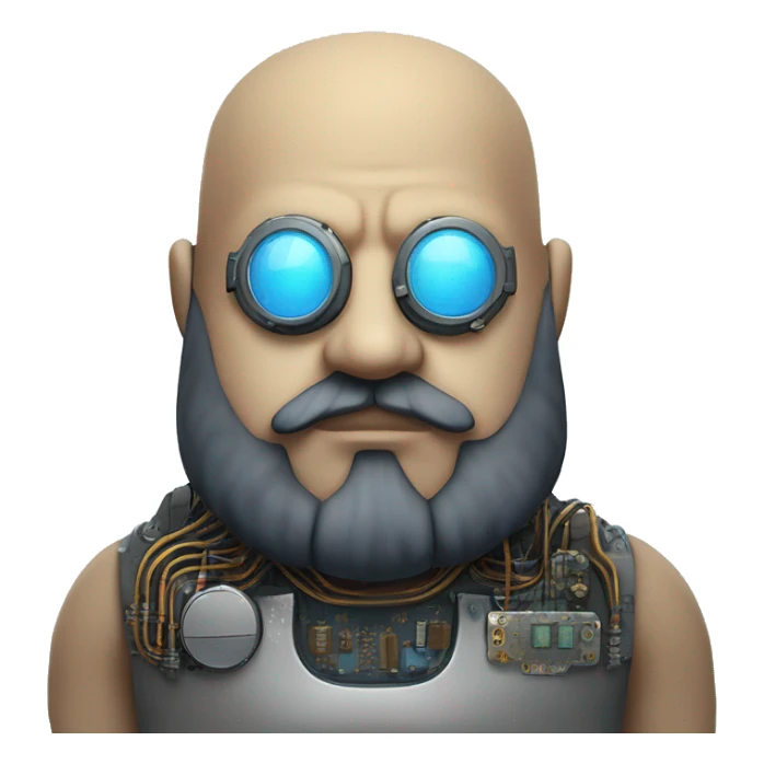 Bearded Fat bald cyborg head with tan skin, blue steampunk goggles and circuits sticker