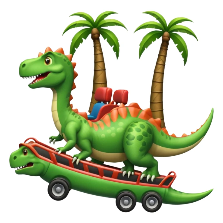 dinosaur waving from a roller coaster car, palm tree nearby, emoji style sticker