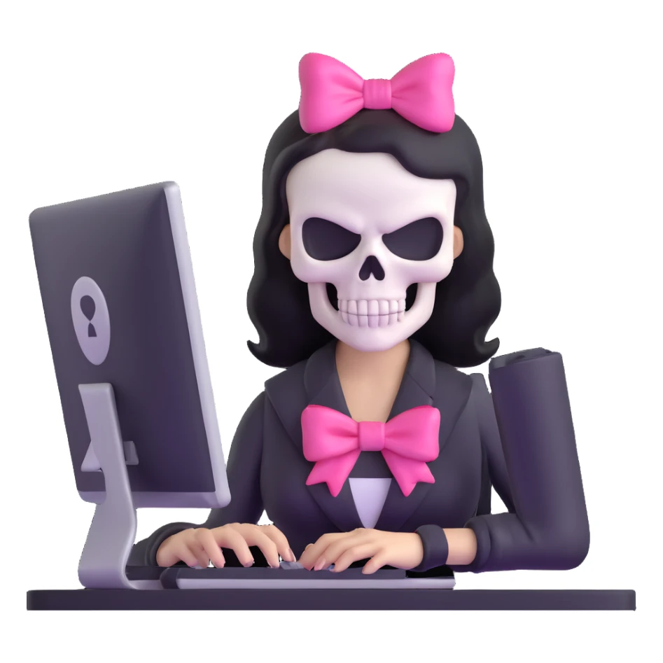 female Punisher skull character with pink bow working on computer sticker