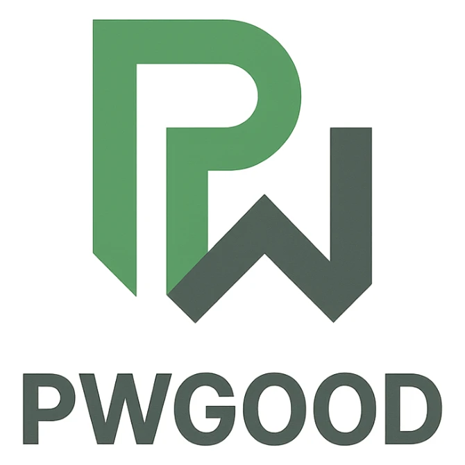 geometric logo for 'pwgood' with stylized 'pw' monogram, green and gray palette sticker