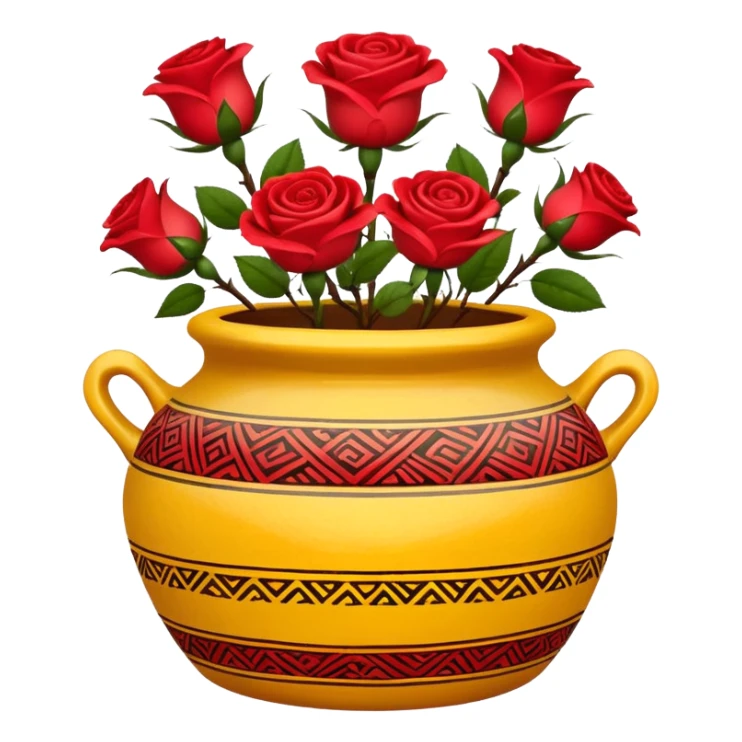 Yellow ceramic pot with red roses; the pot is decorated in an ethnic style. sticker