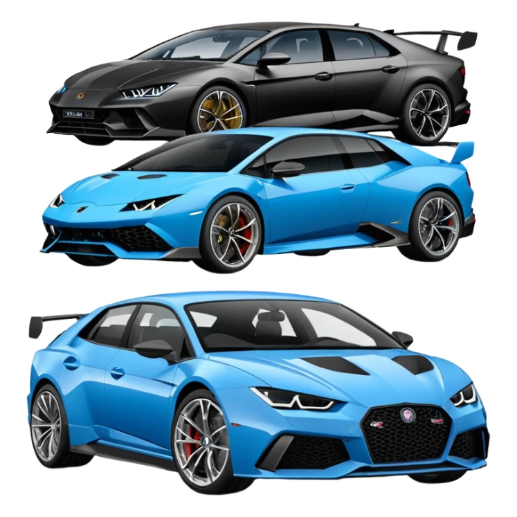 three cars lineup fromt profile forming a semi circle with a lamboghini svj an bmw m140i and a audi rs6 sticker