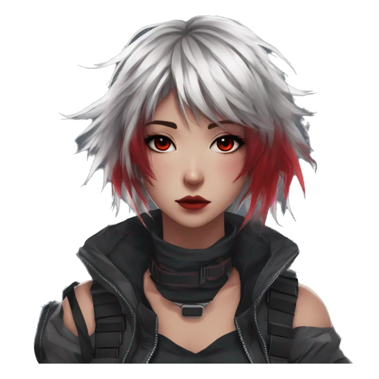 Gorgeous techwear anime style lady with blushing face aesthetic and pretty edgy black red punk messy hair with collar and harness trending style sticker