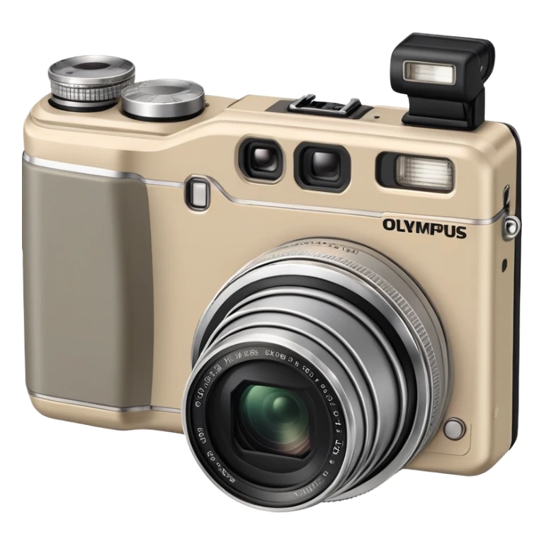 Olympus Superzoom 70G camera, grayish-beige color, accurate representation with correct proportions and silhouette, compact rectangular body with rounded edges, small viewfinder, built-in flash unit on top, lens with zoom functionality, exactly matching the real Olympus Superzoom 70G design sticker