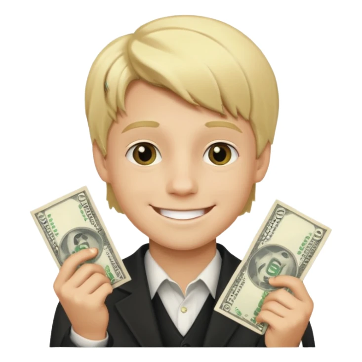 rich young boy, smiling, holding dollar bills sticker