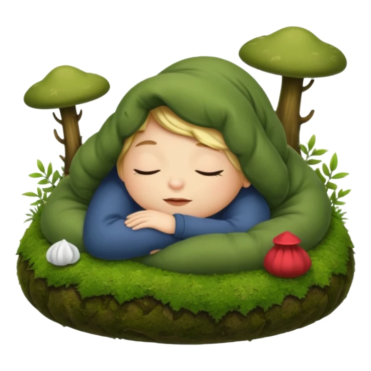 cozy forest character curled up on moss pillow with nightcap sticker