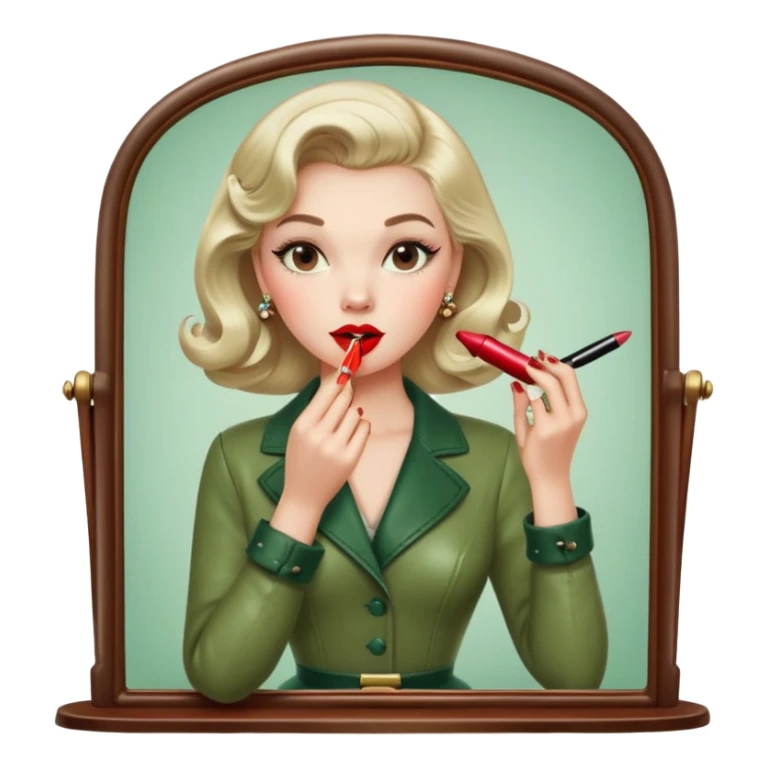 Cartoon version of a blogger applying red lipstick in a vintage mirror, classic 50s outfit, warm leather and marsh green tones sticker