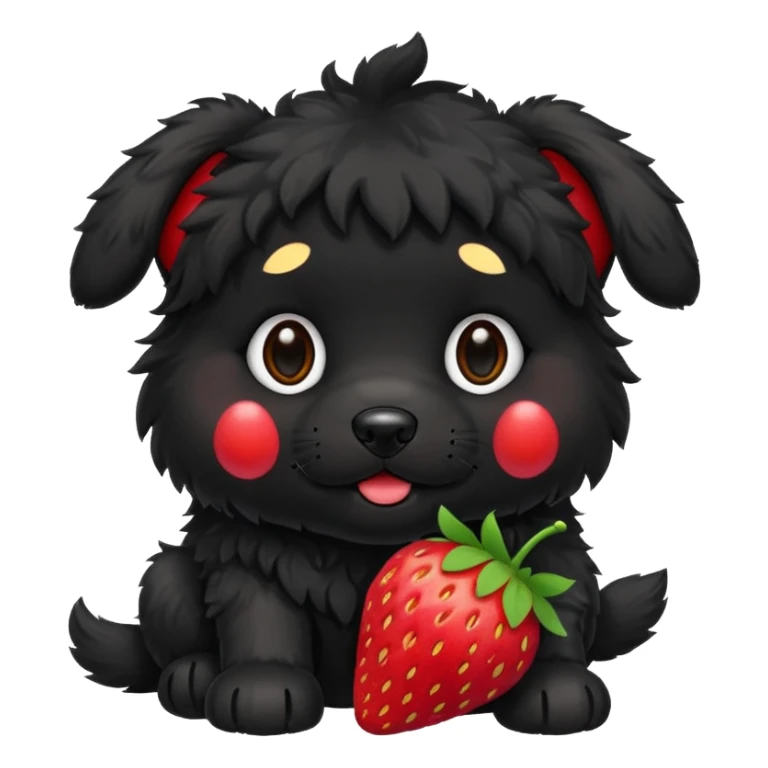 A black fluffy puppy with a strawberry sticker