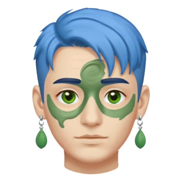 green clay mask man with earrings and blue hair sticker