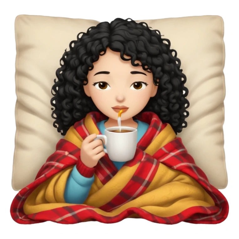 girl with black curly hair inside a blanket sipping coffee eyes closed sticker