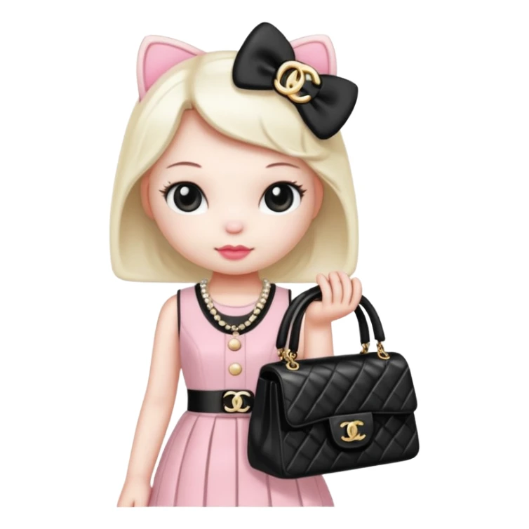 Hello Kitty wears in Chanel with a black bag Timeles sticker