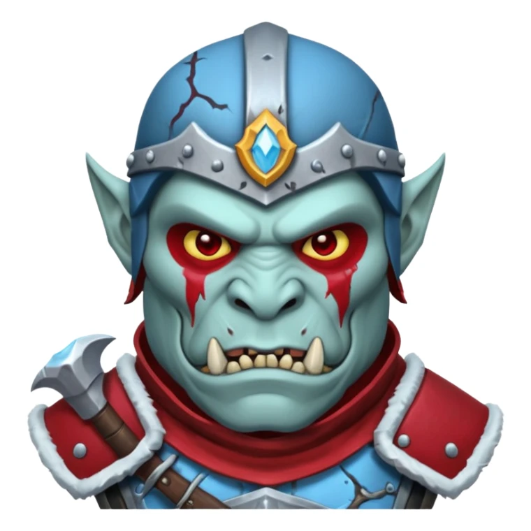 Fantasy Christmas orc legion soldier icon, iron tundra army theme, heavy winter armor, disciplined brutal look, cold steel armor cracked with frozen crimson lines, bloodfrost effect, icy blue and dark red color palette, minimal clean emoji style sticker