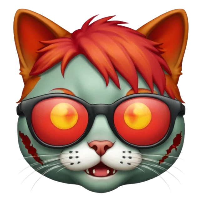 Zombie cat with red hair and sun glasses face sticker