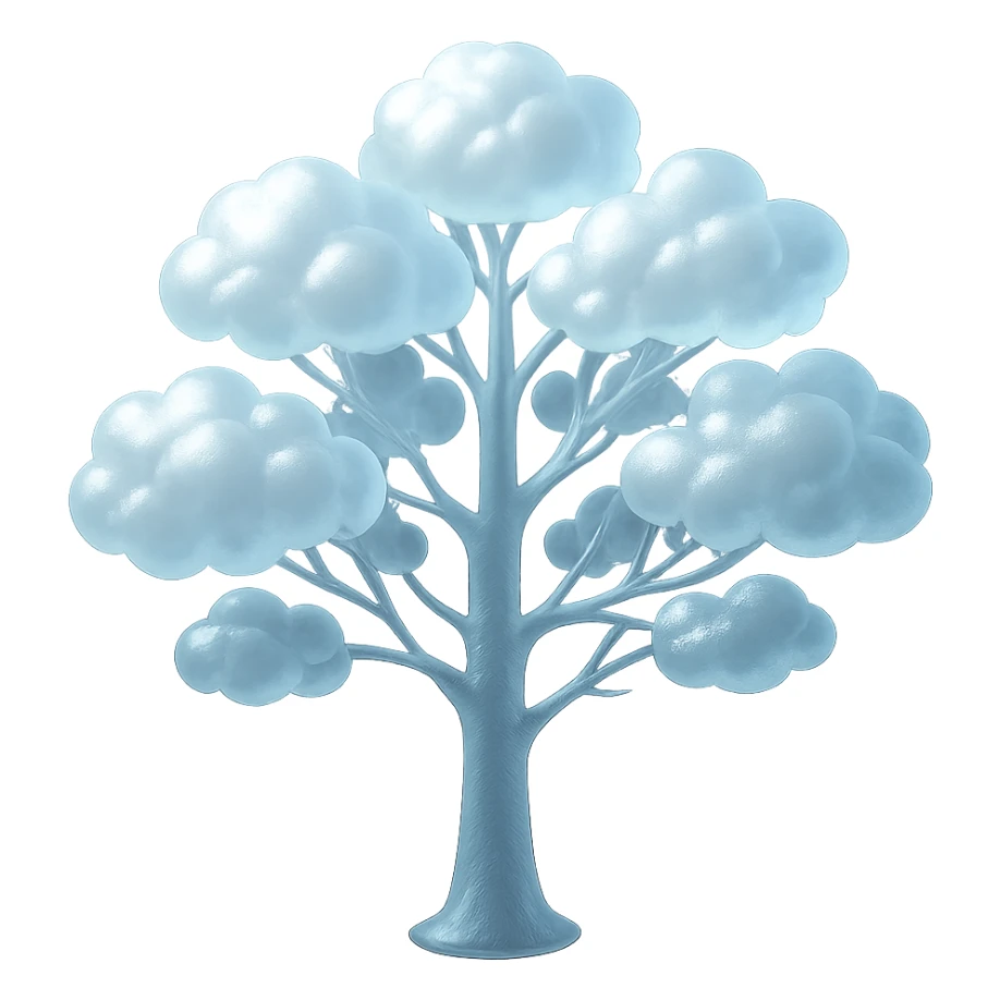 one tree with many branches and a white trunk, crown made of small very bright white fluffy convex clouds, matte glass style sticker
