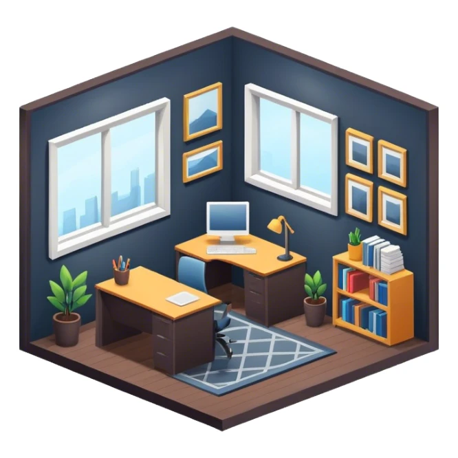 An isometric 3D room with two walls that meet at the back left and right and a Window. Dark Colors. Home Office sticker