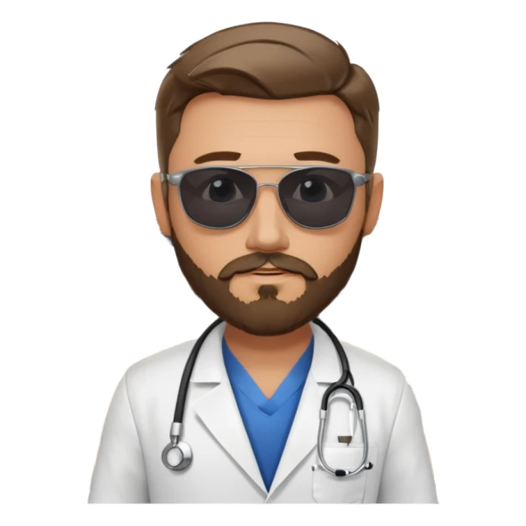 White tesla model 3 and one cool physician with dark blond hair, beard, stetoscope and dark sunglasses next to it sticker